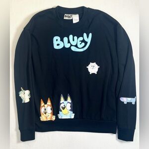 BLUEY Adult Black Relaxed Fit Crewneck Pullover Cartoon Graphic Sweatshirt M‎